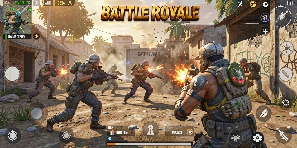 Tangkapan layar aksi mendebarkan dari gameplay Battle Royale di 66K.