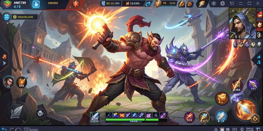 Screenshot menunjukkan aksi intens dalam pertempuran MOBA.