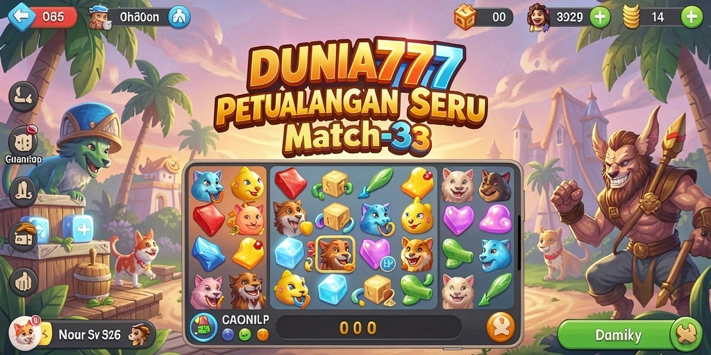 Tampilan gameplay <strong>DUNIA777</strong> yang seru dan penuh warna dalam momen match-3.