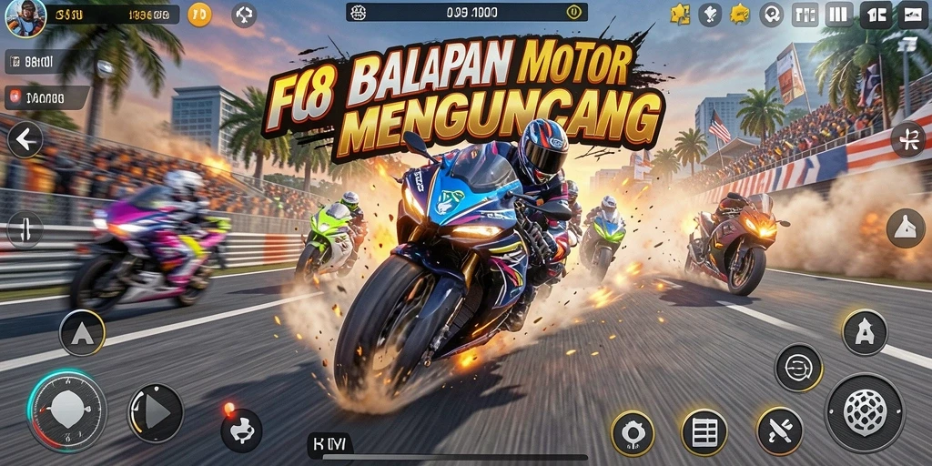 Gameplay seru balapan motor di FO8 dengan lintasan menarik.