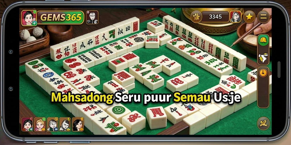 Screenshot utama GEMS365 menunjukkan gameplay Mahjong yang menantang dan mengasyikkan.