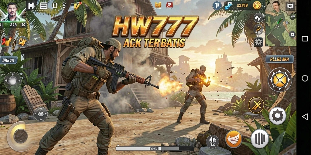 Tangkapan layar HW777 menampilkan pertarungan aksi yang mendebarkan.