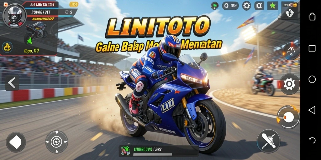 Gameplay seru LINITOTO dengan balapan motor yang penuh aksi.