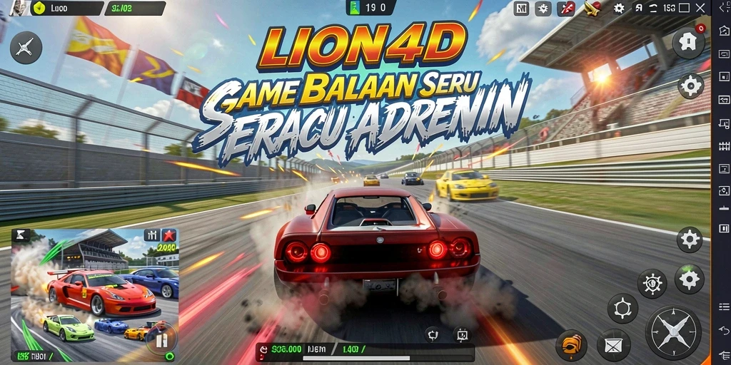 Screenshot gameplay LION4D memperlihatkan aksi balapan yang mendebarkan.