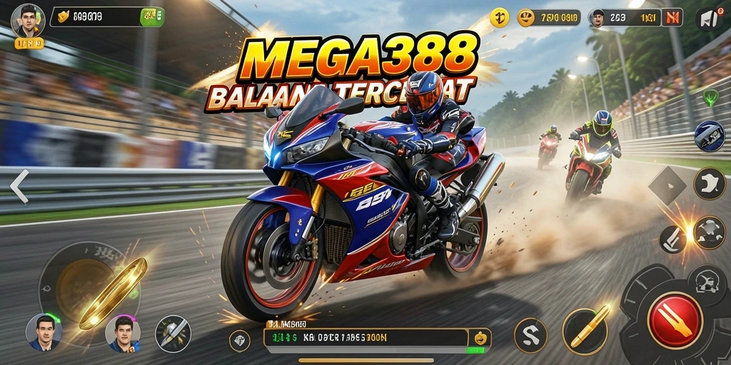 Screenshot gameplay MEGA388 menampilkan aksi balapan motor yang mendebarkan.
