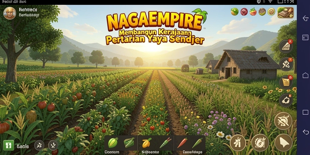 Tampilan gameplay NAGAEMPIRE dengan pertanian yang indah dan aktivitas bertani.