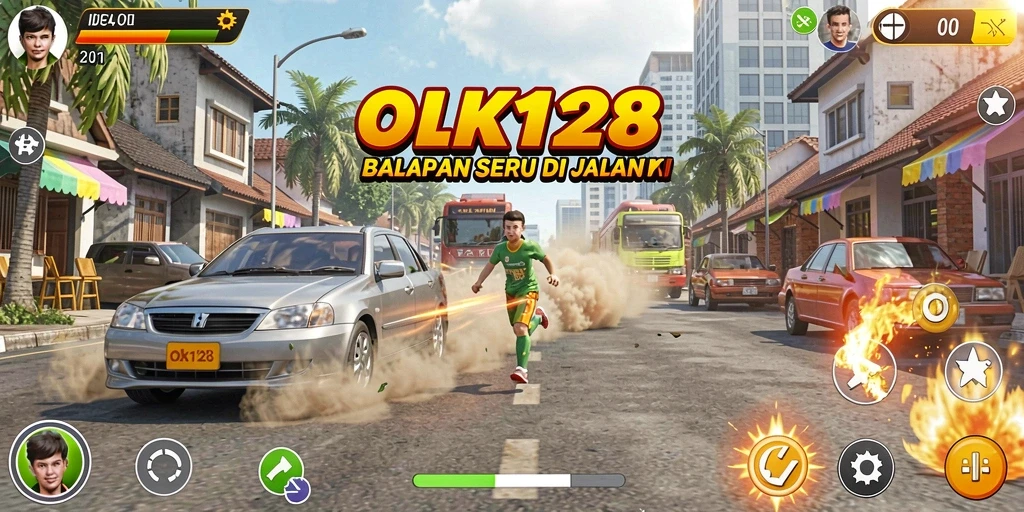 Tampilan seru dari gameplay balapan OLX128 di jalanan urban.
