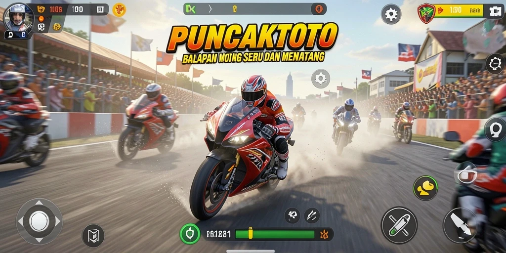 Screenshot dari gameplay PUNCAKTOTO yang menunjukkan aksi balapan motor.