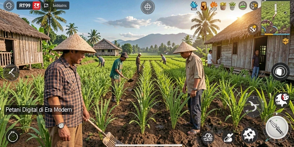 Screenshot gameplay RT99 menampilkan kebun yang subur dan hewan ternak.