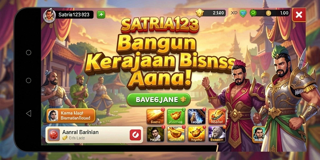 Screenshot gameplay SATRIA123 yang menampilkan pembangunan kerajaan bisnis.