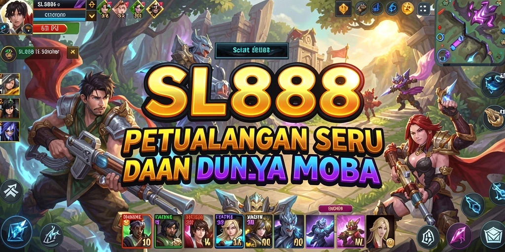 Screenshot gameplay SL888 dengan karakter beraksi di arena MOBA.