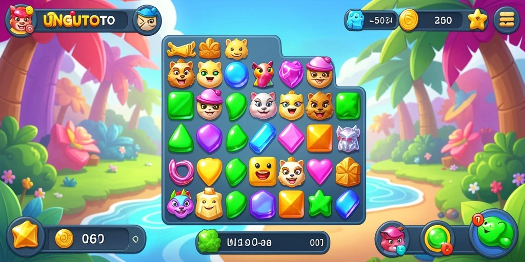 Layar gameplay UNGUTOTO dengan item yang berwarna-warni.
