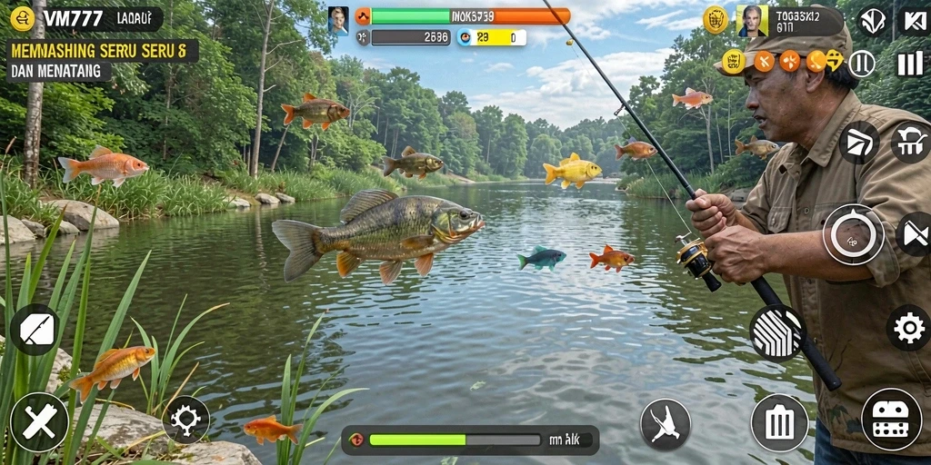 Screenshot menampilkan aksi seru gameplay memancing di VM777.